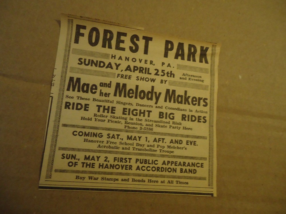 Forest Park amusement 1943 ad HANOVER PA