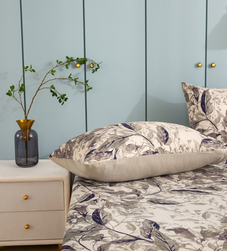 Tache Microfiber Abstract Wispy Leaf Taupe Grey Print Pattern Flat Sheet only