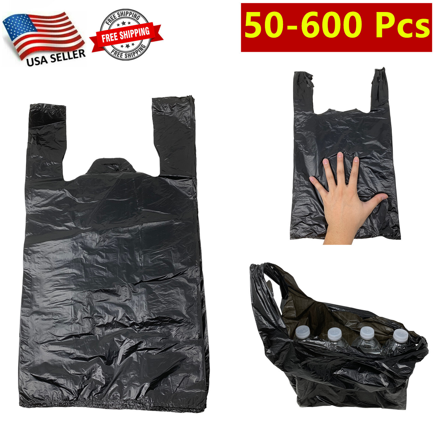 50-600 Pcs T-Shirt Bag Black Plastic Bag Carry Out for Shopping 17.5"x 6"x 10"