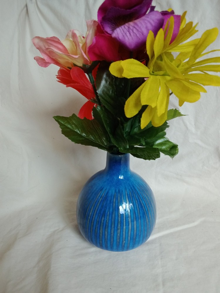 Vibrant, Unique Ceramic Bulb Vase, Blue with Grey Vertical Stripes. 