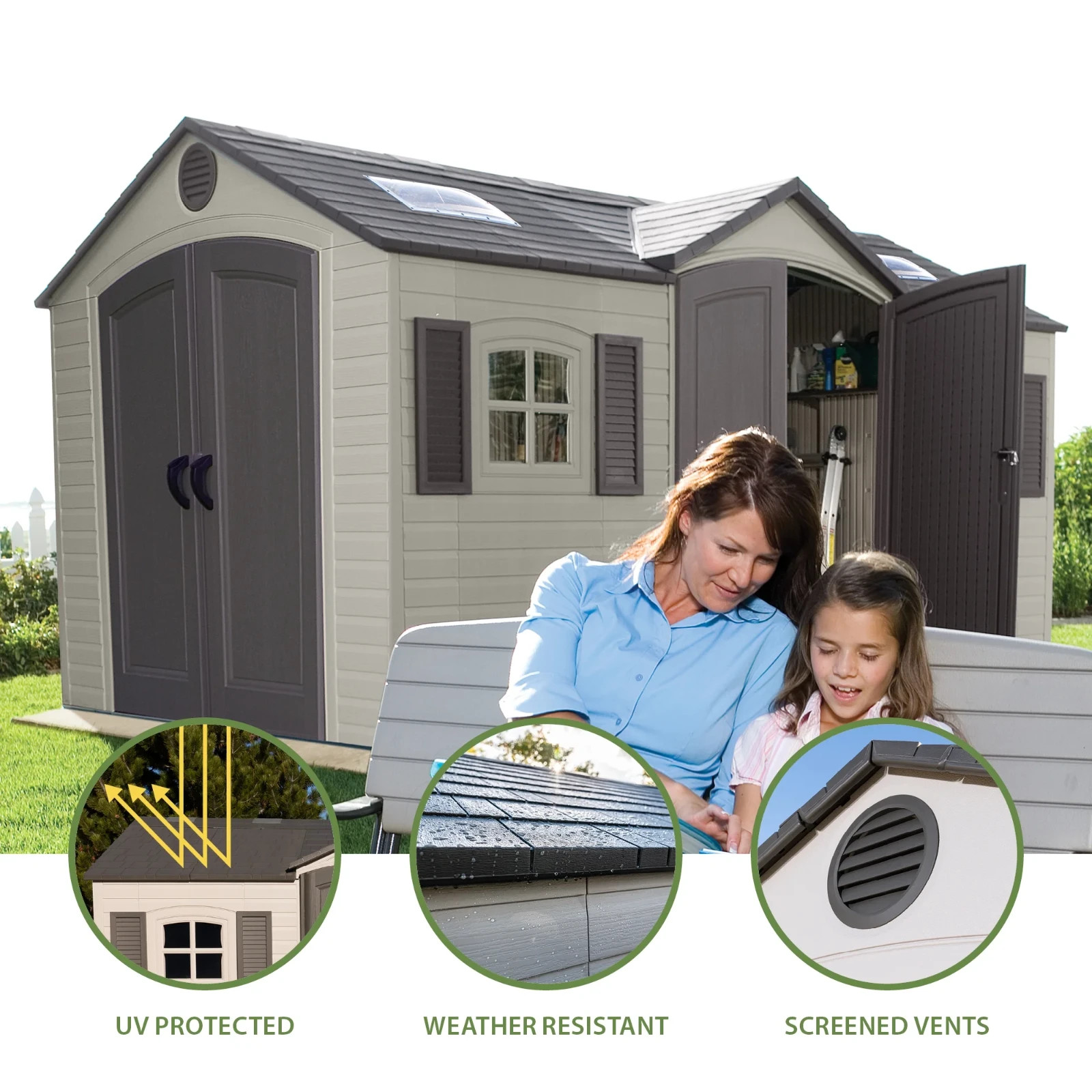 Lifetime Polyethylene Outdoor Storage Shed, 106.5 Sq. ft., 15' x 8', Two Double