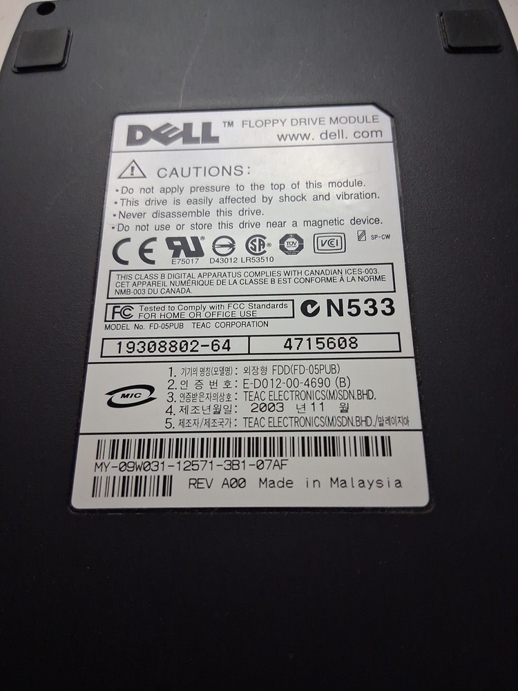 1.44 MB USB External Dell Floppy Disk Drive Module Black Excellent