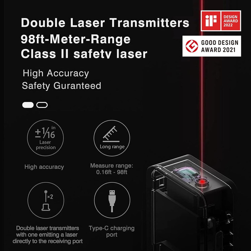 Compact Laser Measuring Tool, 98Ft Accuracy, USB-C Rechargeable, OLED Display