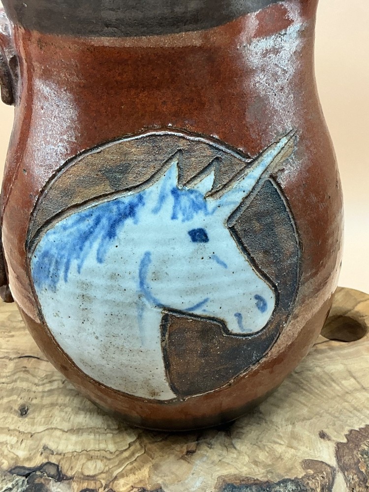 Handmade Pottery Unicorn Pitcher Signed Glazed (2 tiny chips on mouth)