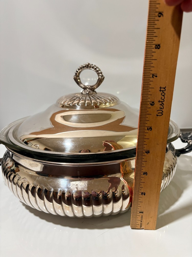 Vintage Kent Silversmiths Silverplate Covered Casserole Dish Pyrex Insert