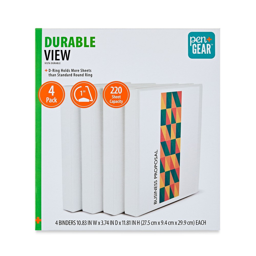 Pen+Gear Durable View 1" D-Ring Binder, White, 4 Count