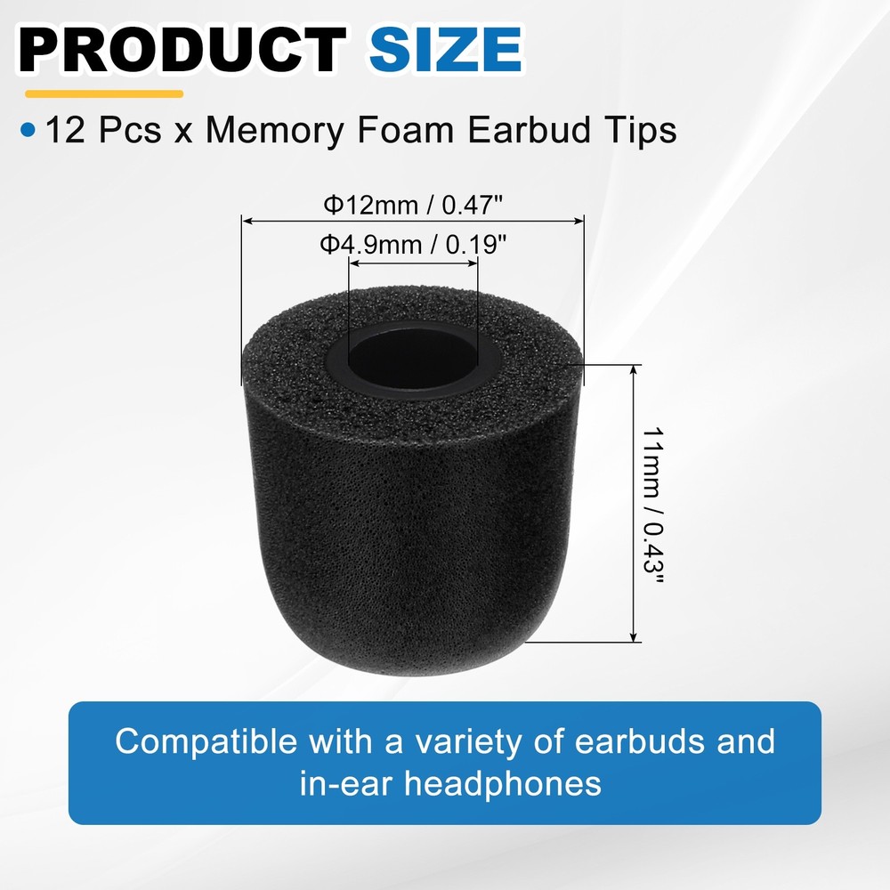 Memory Foam Earbud Tips (4.9mm/0.19"), 12Pcs - Medium Ear Bud Tips, Black