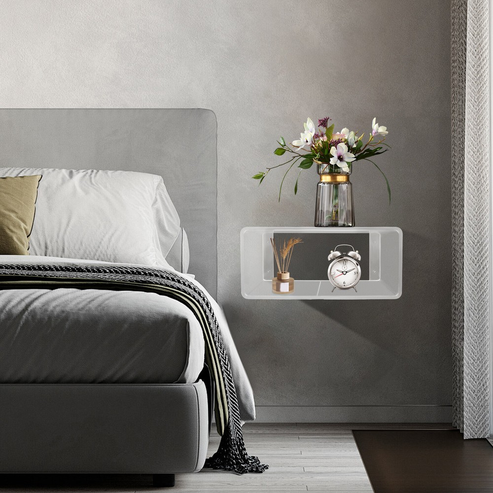 2Tiers Clear Acrylic Wall-Mounted Bedside Table Rectangular Floating Nightstand