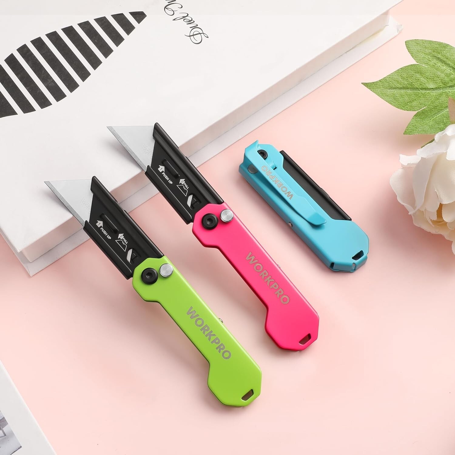 WORKPRO 3-Pack Folding Utility Knife Set Quick Change Blade Box Cutter EDC Knife