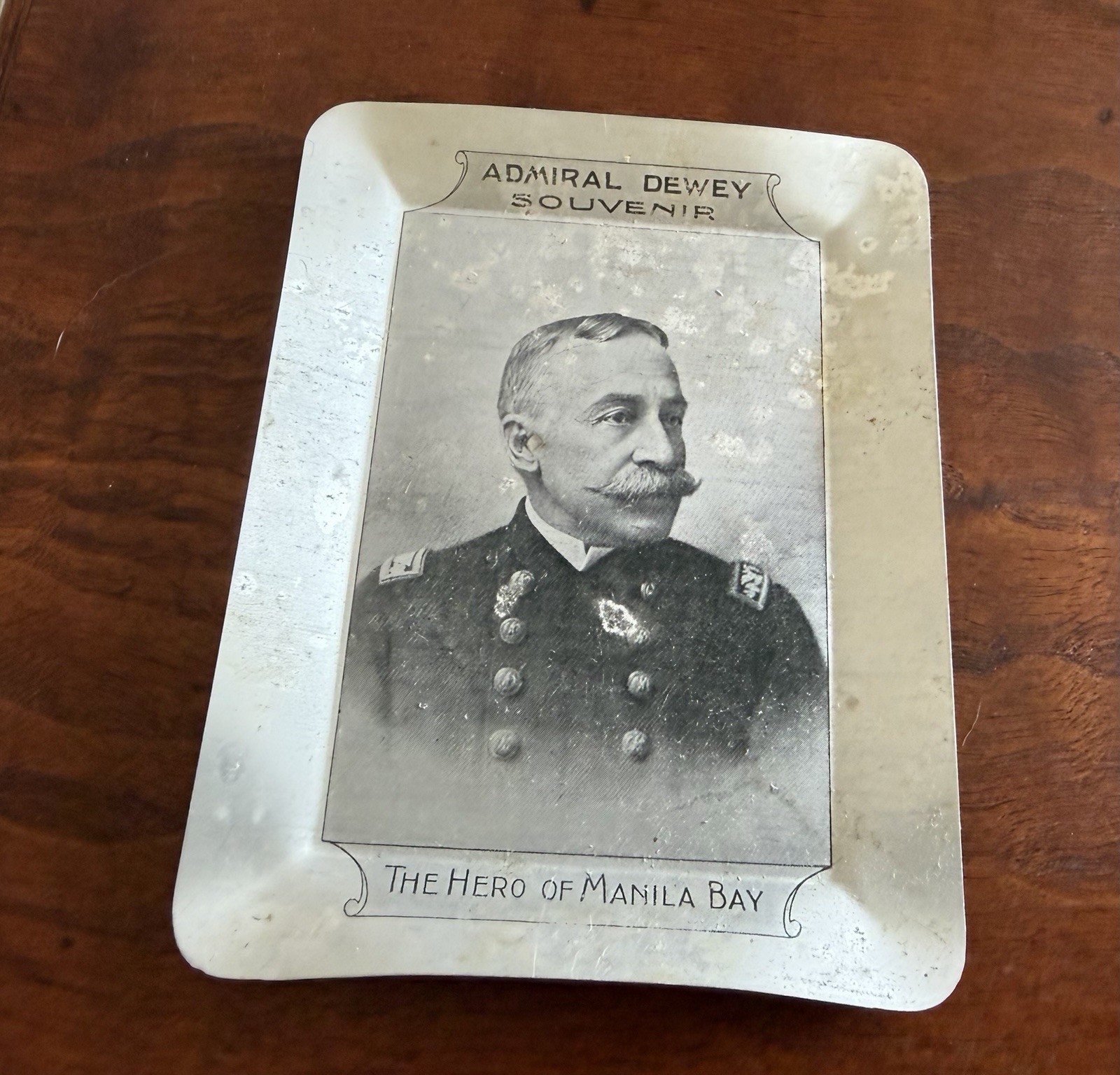 Antique Spanish-Am War Admiral Dewey Naval Souvenir Aluminum Tray Navy Naval USN
