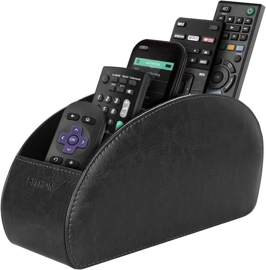 Remote Control Holder with 5 Compartments - PU Leather Remote Caddy Desktop Orga