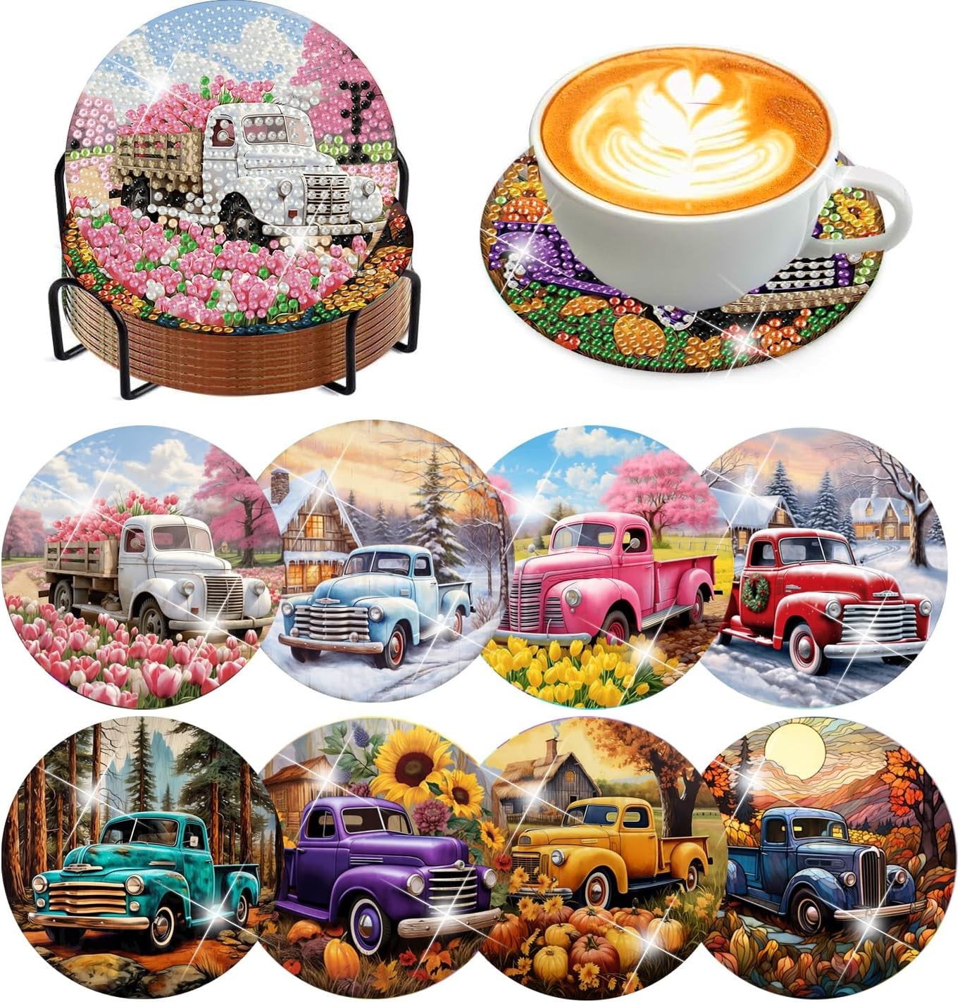 8 Pcs Diamond Art Coasters Kits - All Season 8 4x4in, Truck
