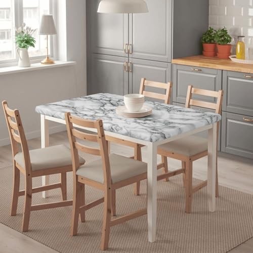 Black and White Marble Tablecloth with Elastic Edge for 4ft Rectangle Table,