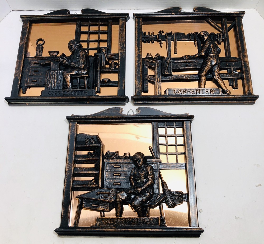 Vintage Coppercraft Guild 3D Wall Art Rustic Copper Smith Carpenter Shoemaker