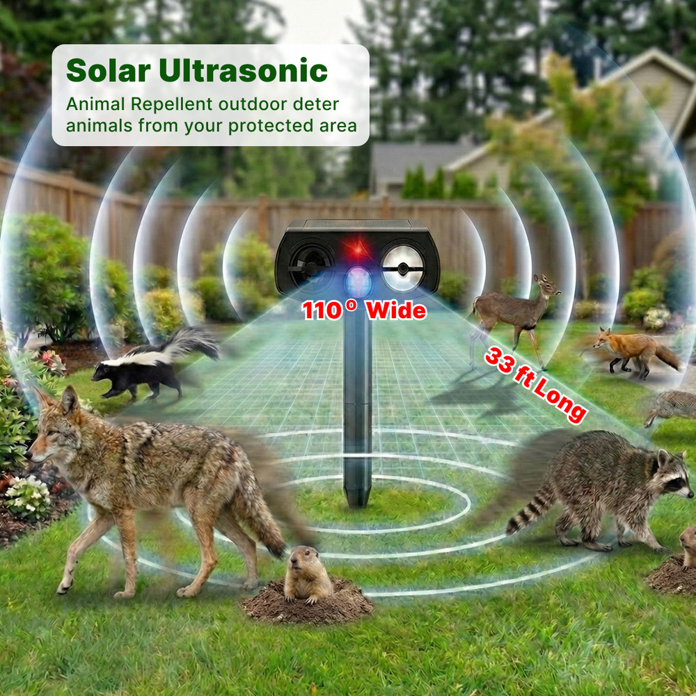 Solar Ultrasonic Animal Repeller w/ LED Strobe, Motion Sensor, 2 Pack