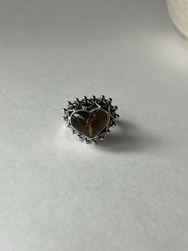 Amber Heart Ring 925 Sterling Silver Adjustable Artisan Statement