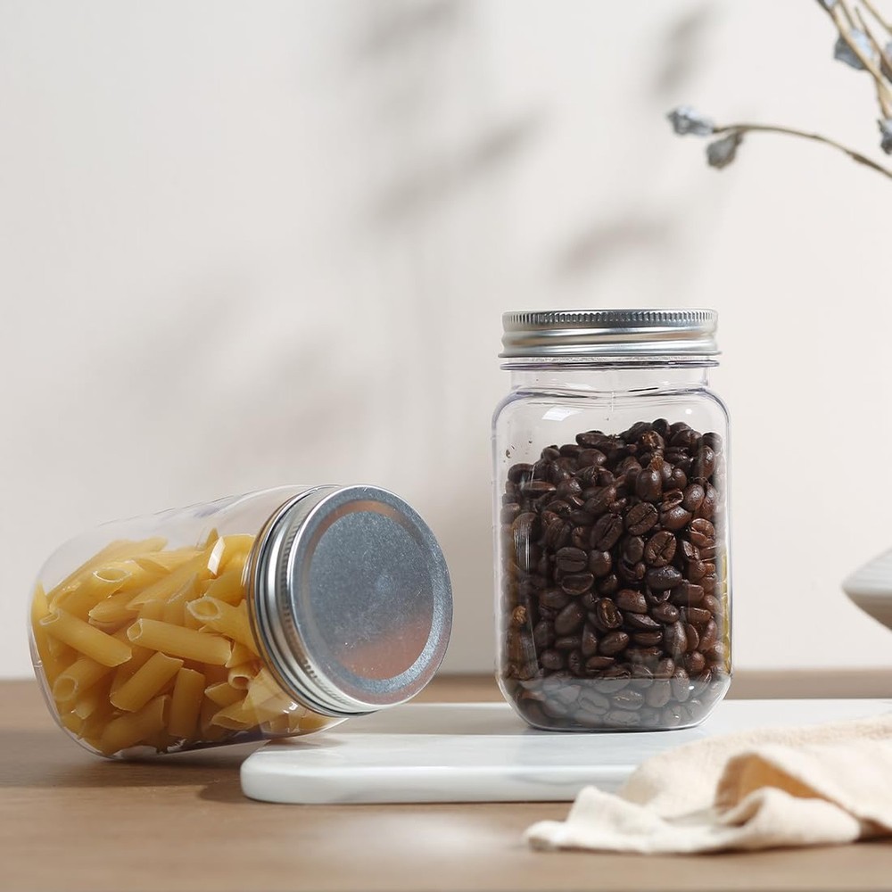 16 OZ Mason Jars Plastic Clear Storage Containers with Lids Empty Refillable ...