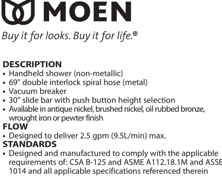 MOEN 3849PW Single Function Hand Shower Package with Hose and Slide Bar, Pewter