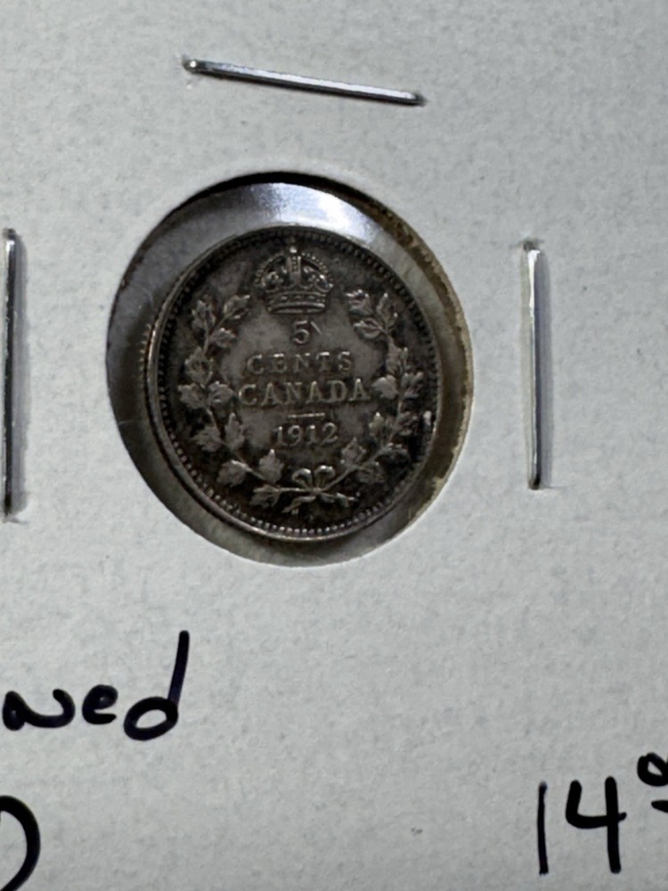 1912 Canada 5 Cents Silver Coin Cleaned