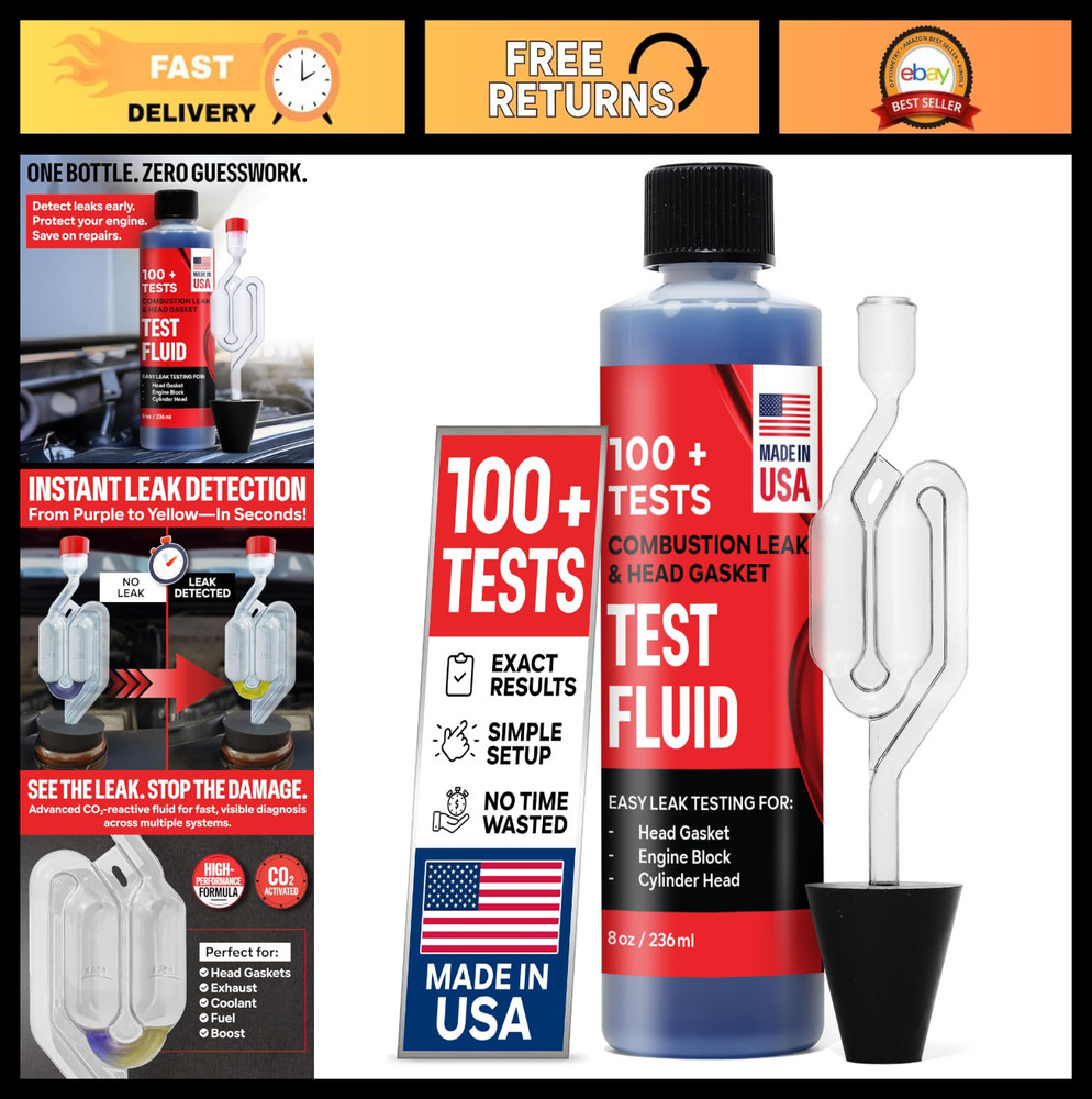 Engine Combustion Leak & Head Gasket Test Kit - 100+ Tests, 8oz Fluid, Quick Lea