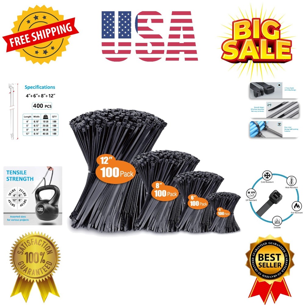 Zip Ties Assorted Sizes, 400 Pack, Black Cable Ties, UV Resistant Wire Ties by