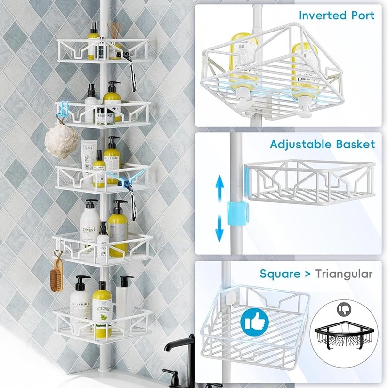 Height Adjustable Corner Tension Pole Shower Caddy 5 Tier Storage Rust Proof New