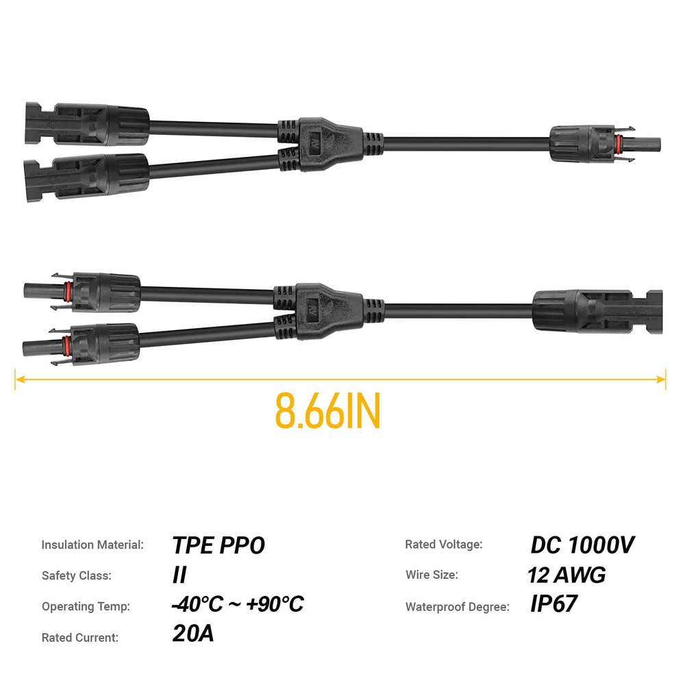 Solar Connectors Parallel Adapter Cable Wire Plug Kit for Solar Panel Y Branch