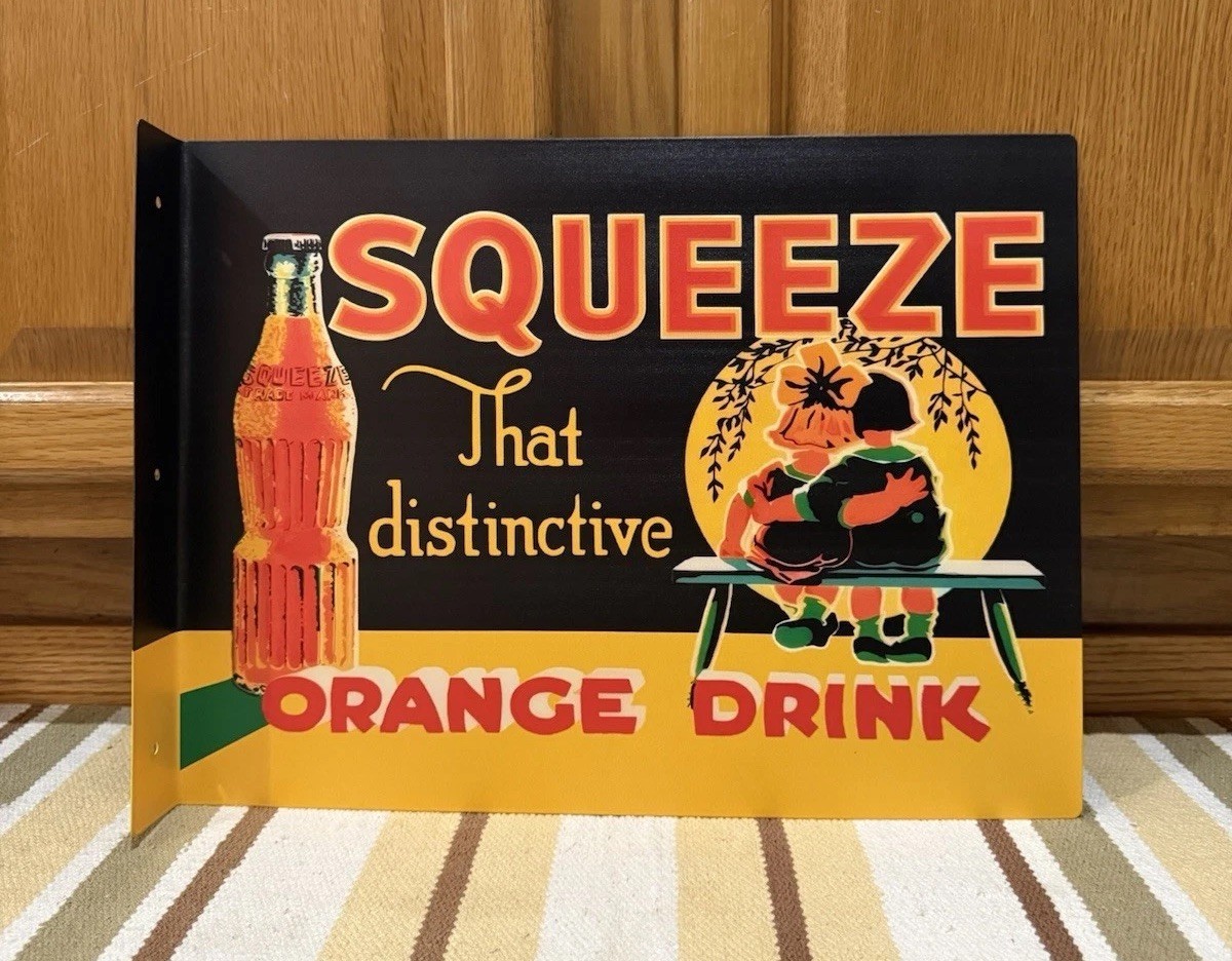 Squeeze Orange Drink Flange Sign Double Sided Vintage Style Wall Decor