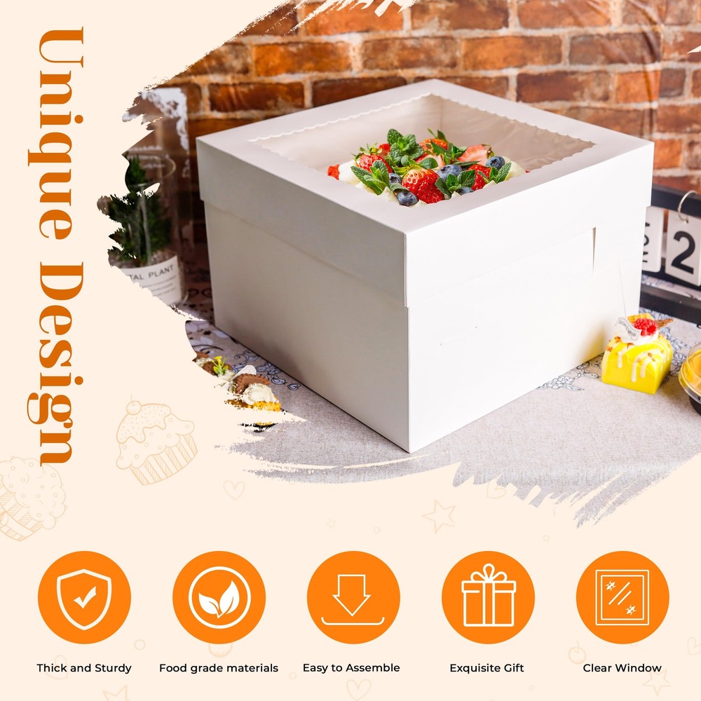 10 Pack Cake Boxes 12x12x8 Inch White Cake Boxes with Window Cajas Para Paste...
