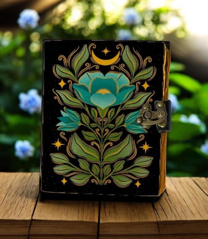 Celestial Flower Leather Journal - Handmade Deckle Edge Paper Grimoire