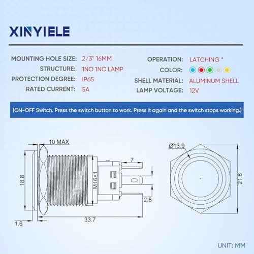 16MM Latching 12V Push Button Switch On Off,Waterproof with Black Shell Red LED