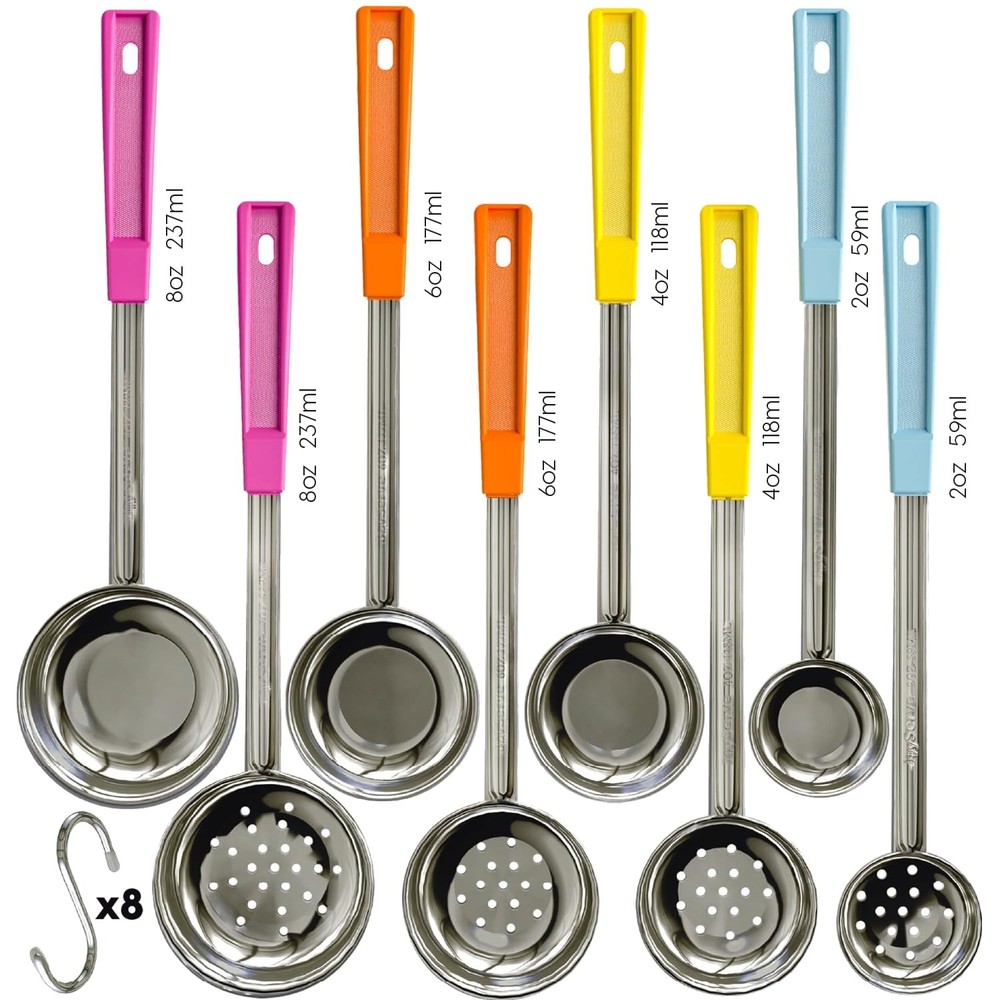 Portion Control Serving Spoons 8 PCS Set, Solid Perforated Scoop, Ladle 14 In