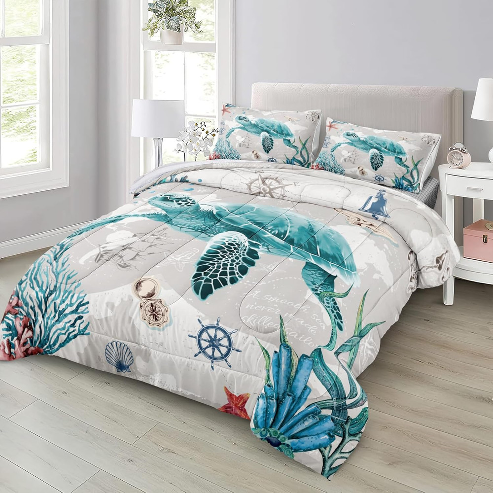 Nautical Bedding Set Turtle Comforter Set King Size Beach Comforter Set Soft Mic