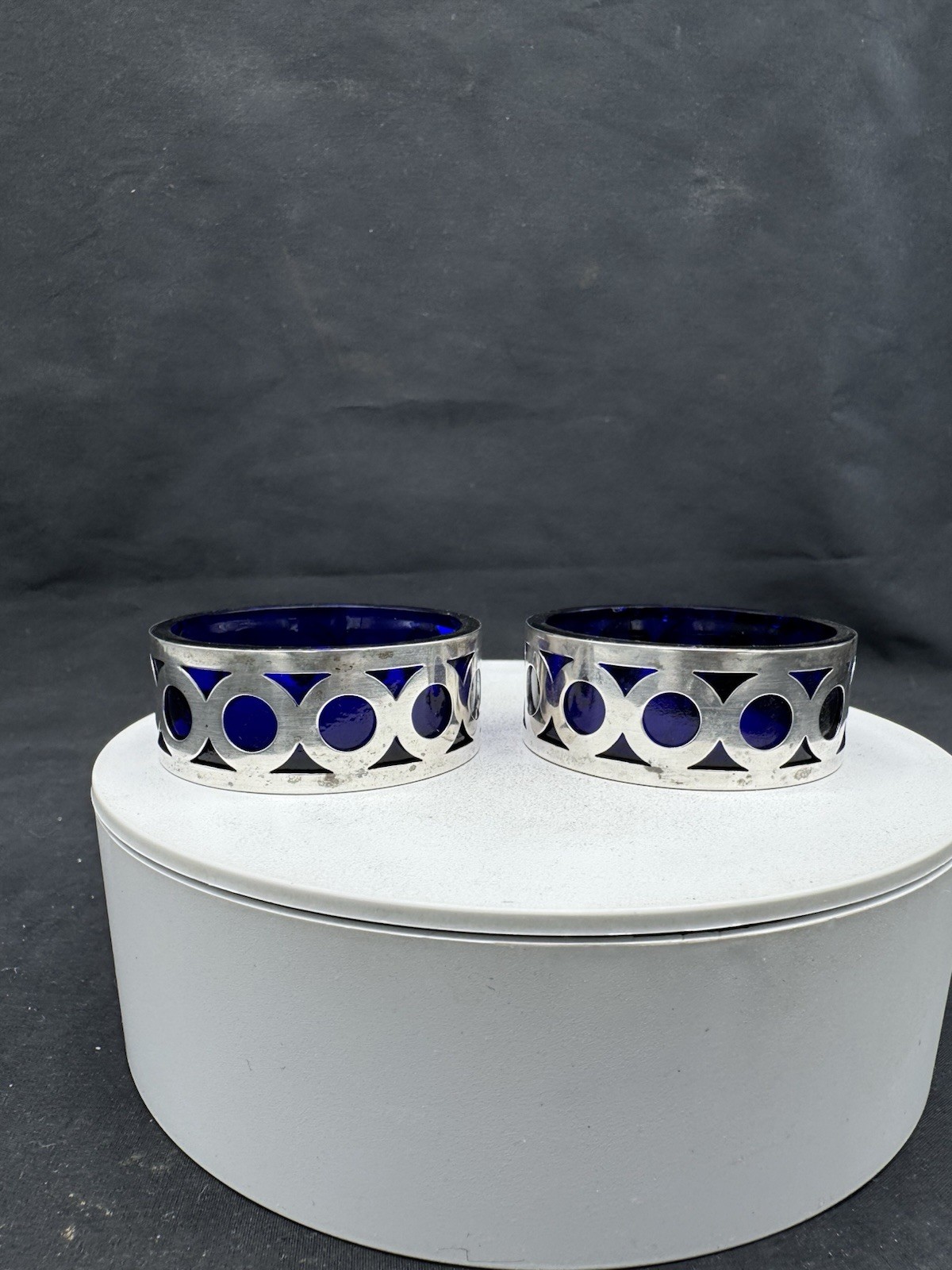 Pair of Vintage Sterling Silver Cobalt Glass Salt Cellars