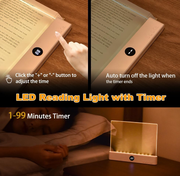 Rechargeable Flat LED Book Light Full Page Lamp with 3 Colors Timer Dimmable