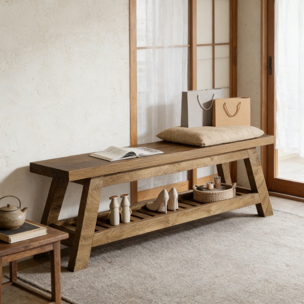 Wooden Bench Solid Bench Built-in Shoe Storage Shelf Display Spot