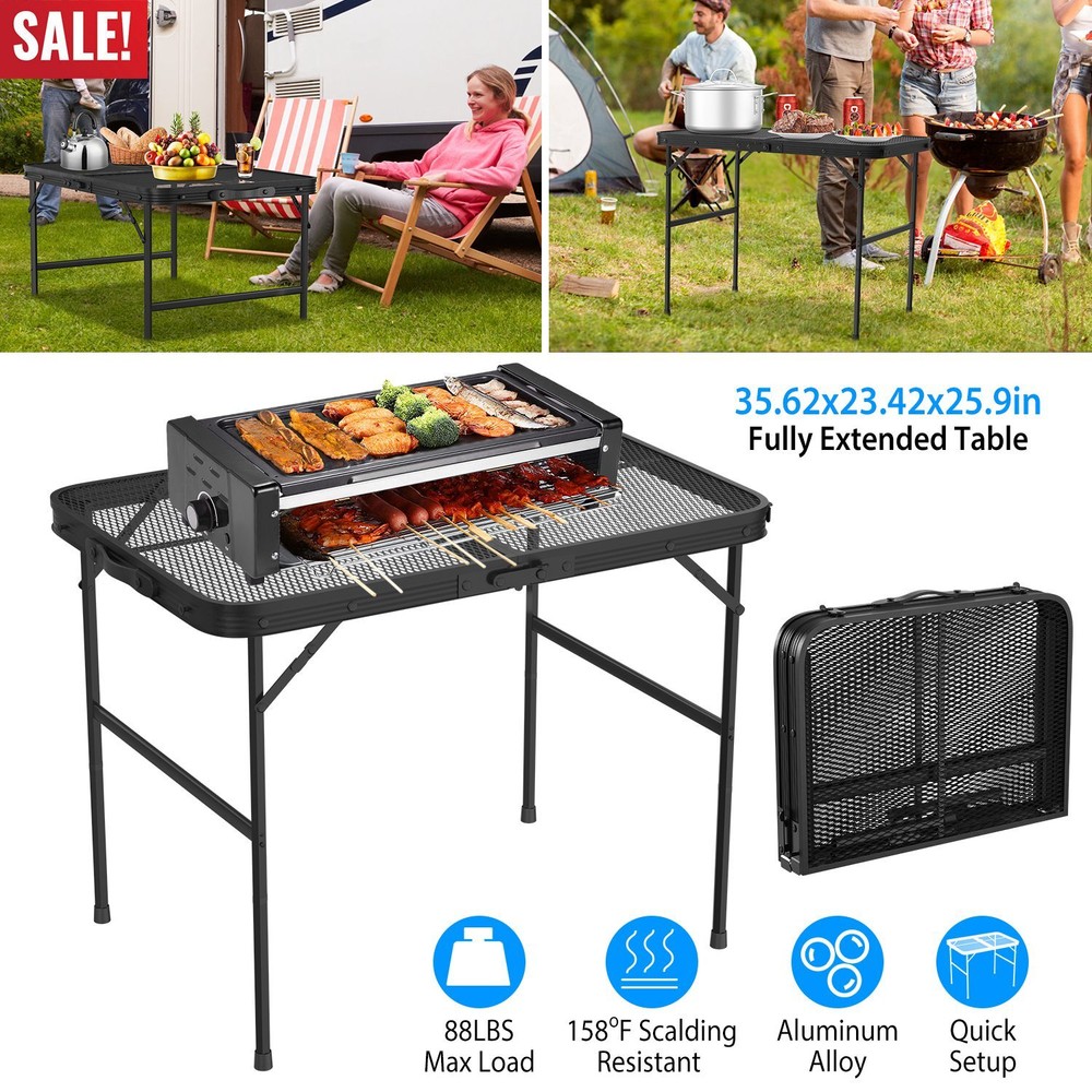 Foldable Camping Table Collapsible Picnic Aluminum Grill Stand Adjustable Table