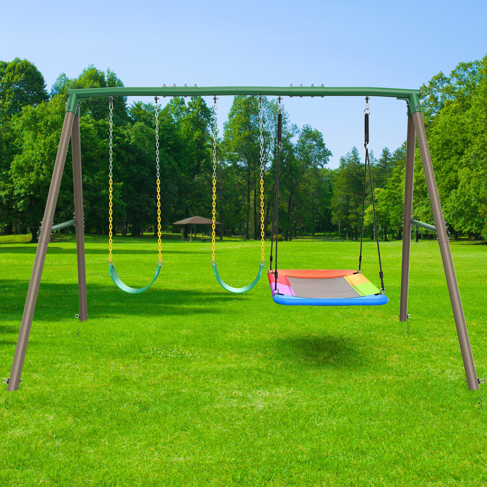 Hapfan 600lbs 7.3ft Tall Heavy Duty Metal Swing Set with 3 Swings Kids Backyard