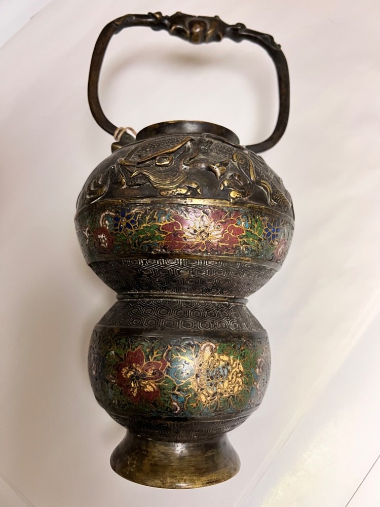 CHINESE BRONZE CHAMPLEVE VASE WITH HANDLE NO BOTTOM