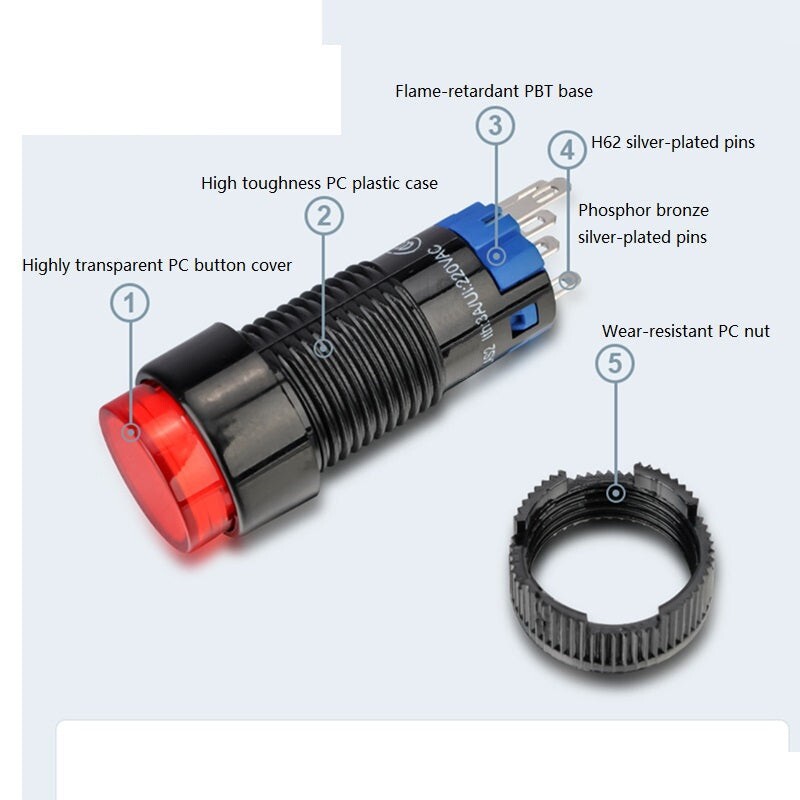 12mm DPDT Illuminated ON/OFF Round Plastic Push Button Switch (LAS2Y-Z)