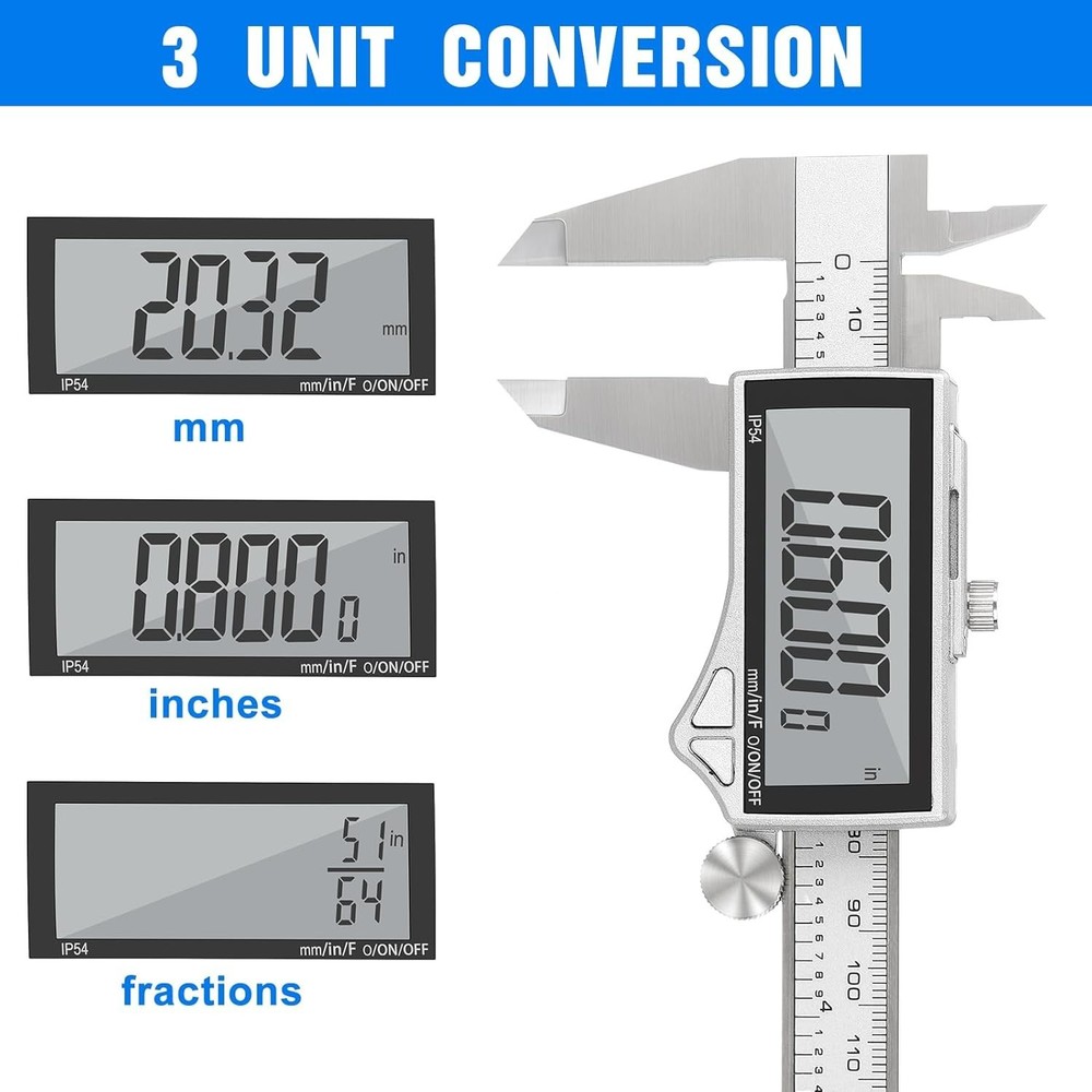 Multi-Function Stainless Steel Digital Caliper: 0-6 Inches with 3 Unit Switch