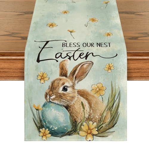 Bunny Rabbit Egg Flowers Easter Table 13" x 90", Table Runner Haze Blue