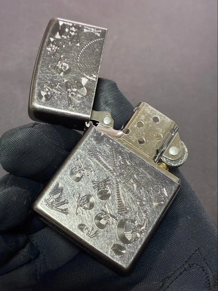 Zippo Skull Etching Silver Double Sided Processing Lighter Regular Japan