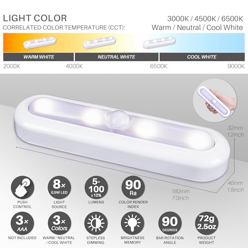 3 Pack 7” Dimmable Push Tap 7 inch, Push Control 3 Color Modes & Dimmable