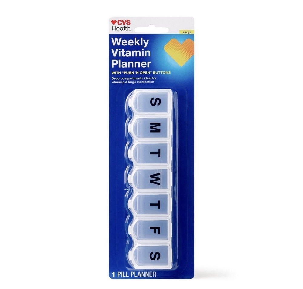 Weekly Vitamin Container Planner Case & Pill Box, Large, Push Open, Black