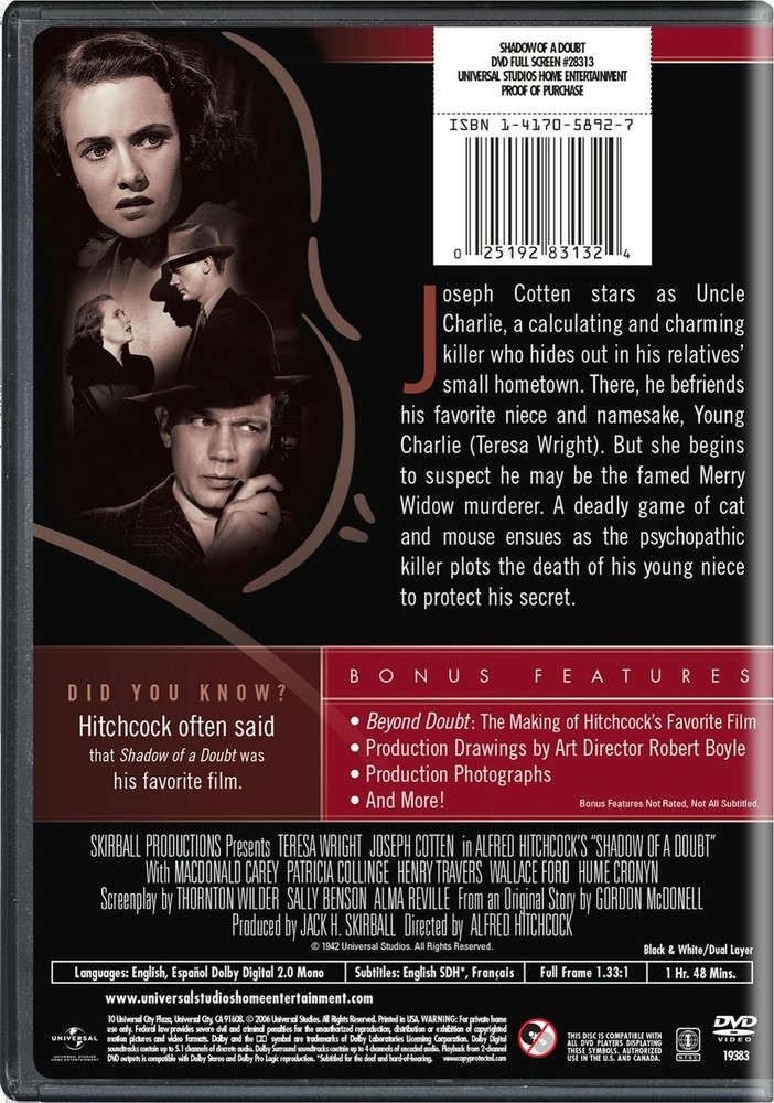 Shadow of a Doubt DVD Teresa Wright NEW