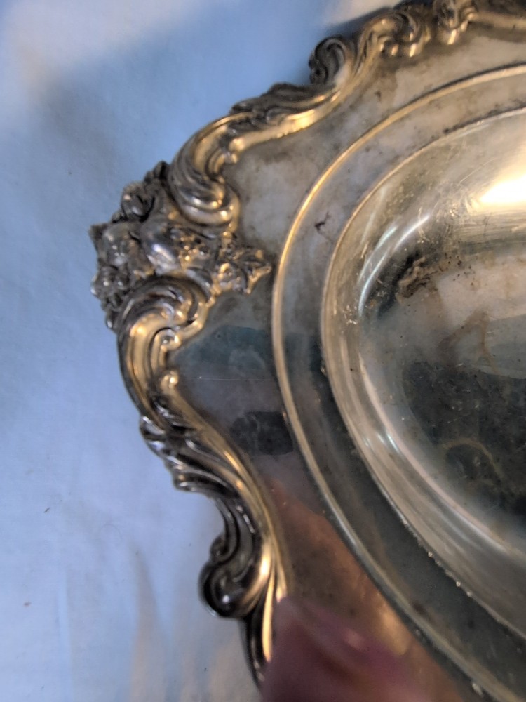 Vintage EGW&S Silverplate Serving Tray Ornate Scroll Edge 13” Platter Copper Mou