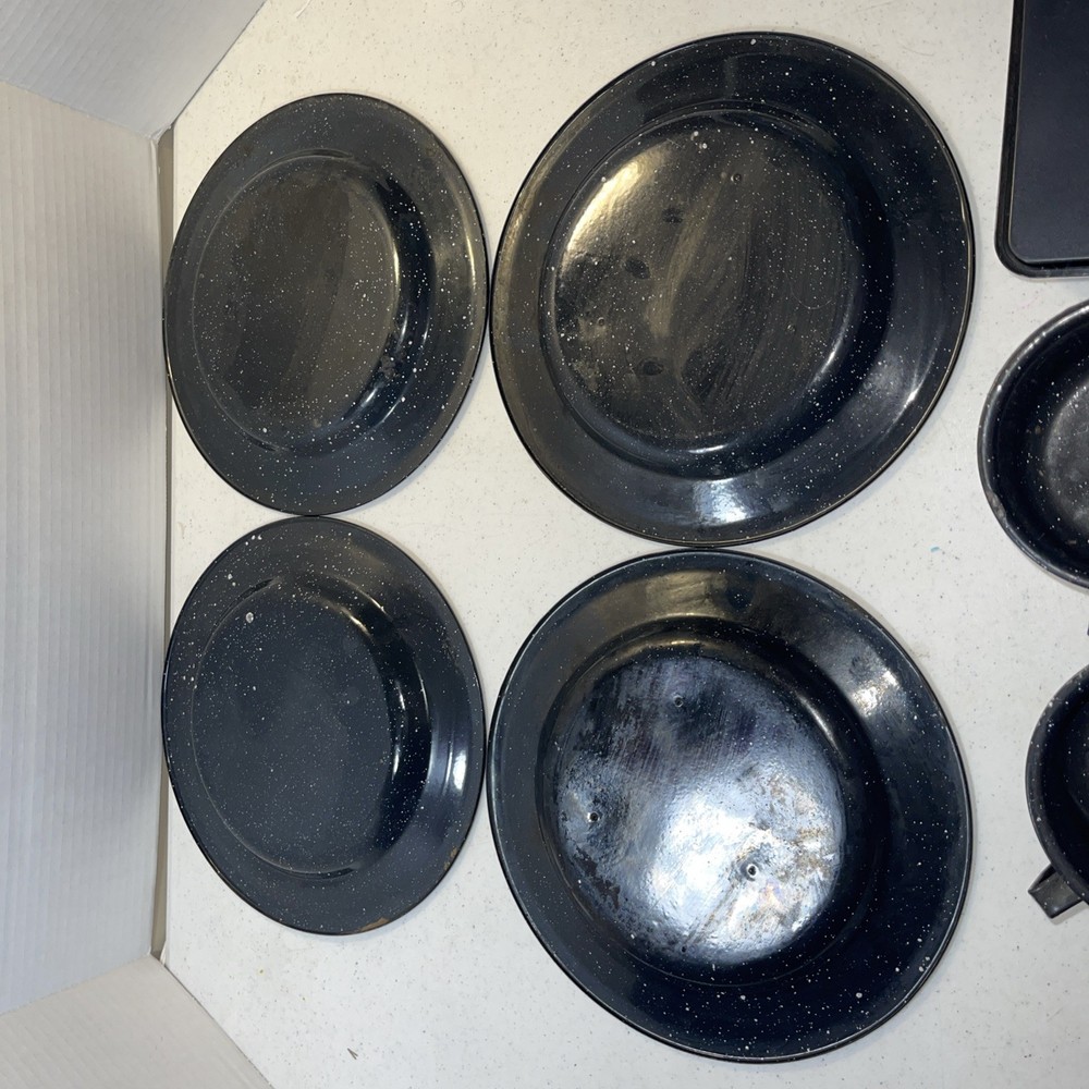 Vintage Black White Speckled Enamelware Dish Set