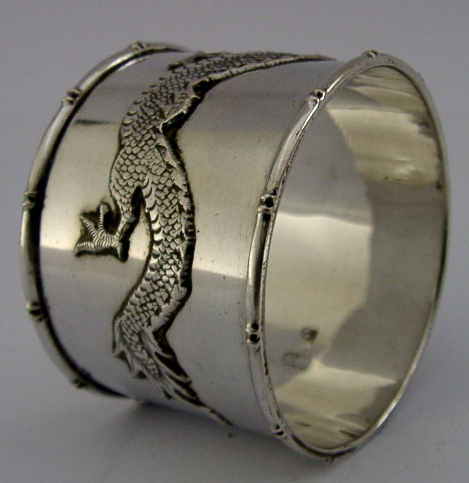 CHINESE EXPORT SOLID SILVER NAPKIN RING DRAGON c1900