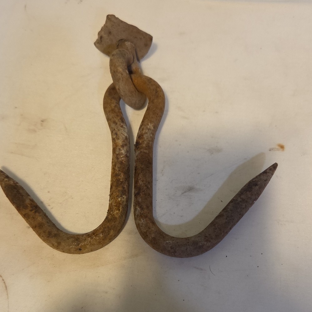 Primitive Brown Metal Double Hook Antique Farm Tool